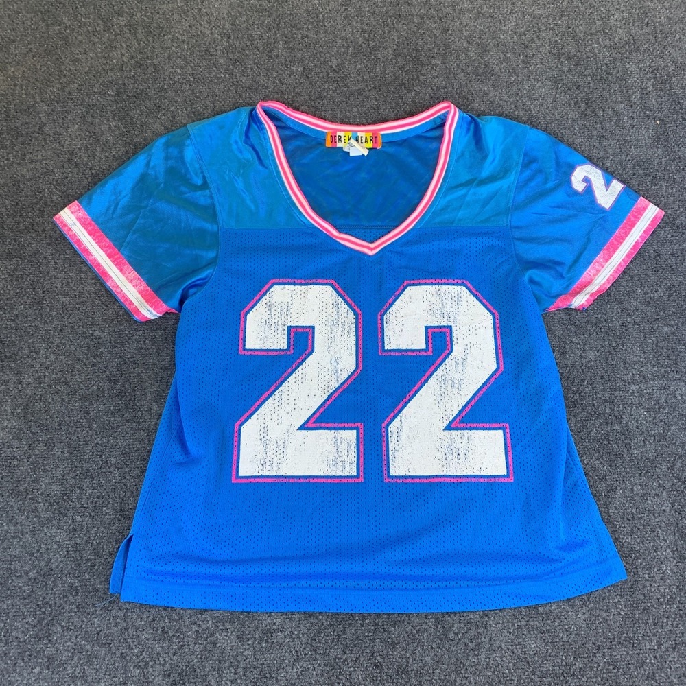 Derek Heart #22 Jersey Top Womens XL Blue Graphic V-Neck Short Sleeve Pullover